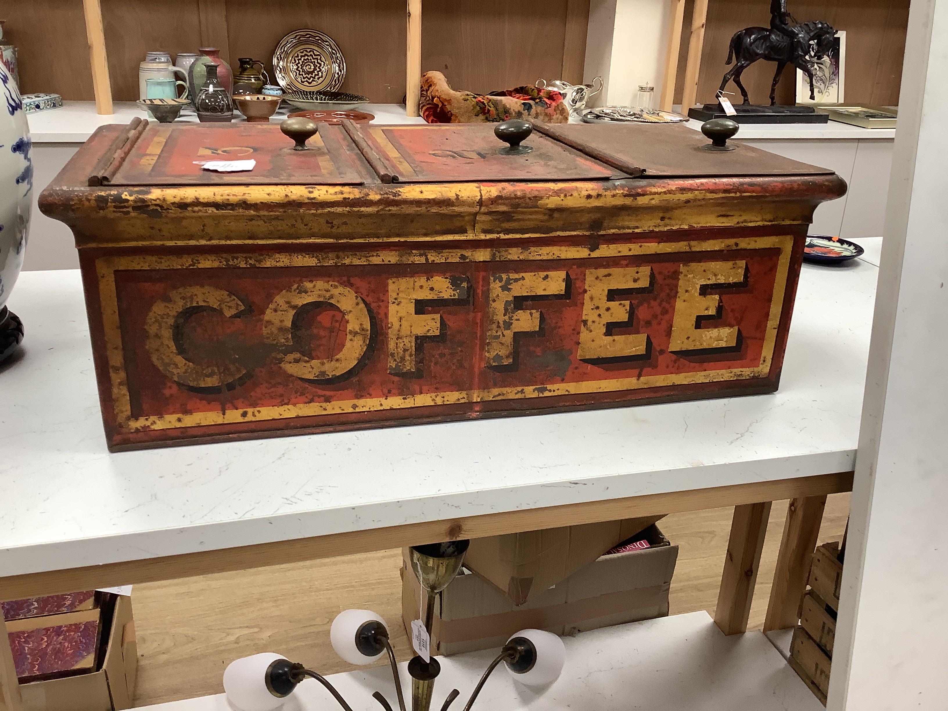 A Victorian painted retailer's advertising coffee tin with three compartments, 64cm wide